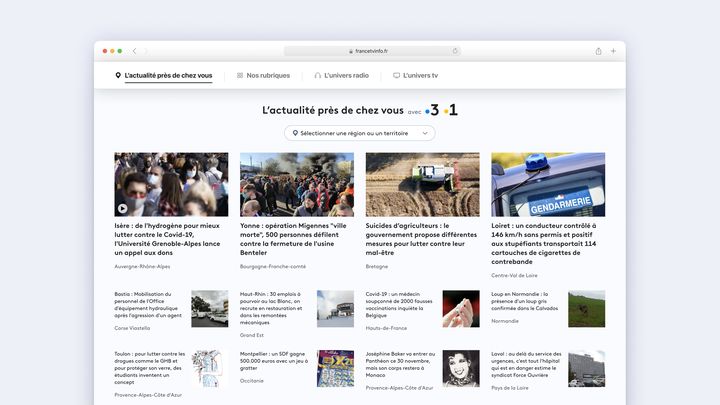 L'actualité locale (régionale et ultra-marine) est regroupée dans un univers dédié sur la page d'accueil. Il est possible de filtrer par localité. (franceinfo)