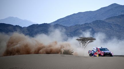 Le pilote&nbsp;Nasser Al-Attiyah et son copilote&nbsp;Mathieu Baumel, à Jeddah, le 31 décembre 2020. (FRANCK FIFE / AFP)