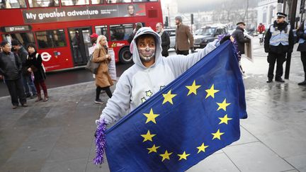 Un manifestant brandit un drapeau européen, le 24 janvier 2017, à Londres (Royaume-Uni), devant la Cour suprême britannique. (STEFAN WERMUTH / REUTERS)