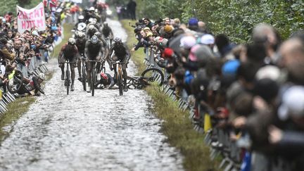 Dans la Trouée d'Arenberg, Mads Pedersen termine au sol après avoir percuté Michal Kwiatkowski durant Paris-Roubaix 2021, le 3 octobre (FRANCOIS LO PRESTI / AFP)