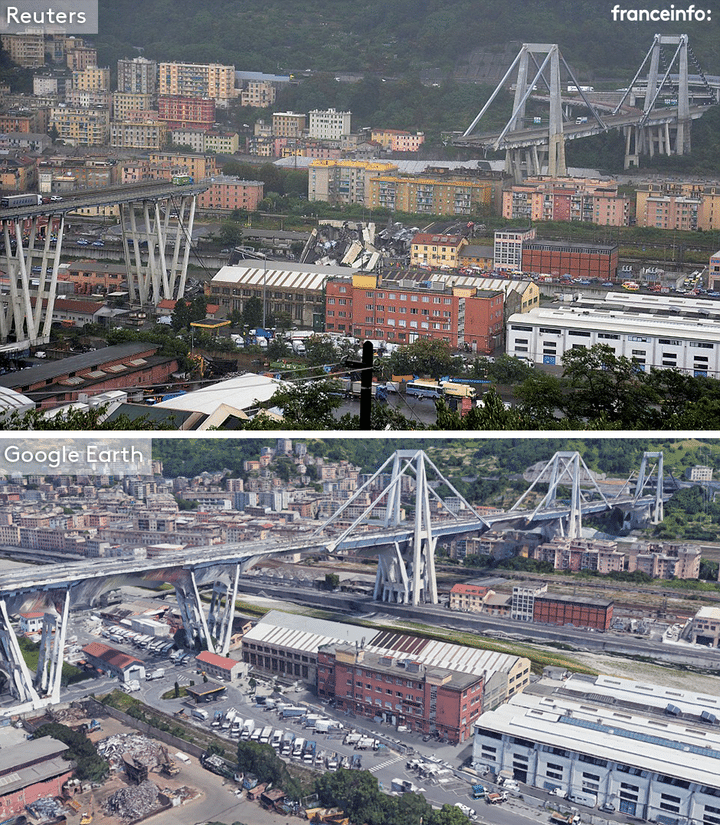 INFOGRAPHIE. Visualisez la configuration des lieux du viaduc effondré à Gênes (REUTERS / GOOGLE EARTH)