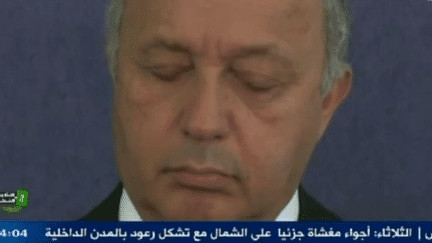 Capture &eacute;cran d'une vid&eacute;o montrant Laurent Fabius en train de dormir lors d'une r&eacute;union officielle &agrave; Alger (Alg&eacute;rie), le 9 juin 2014. (ENNAHAR TV ALGERIE / YOUTUBE / FRANCETV INFO)