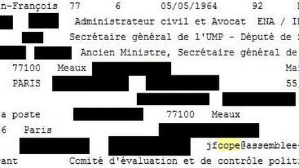 Extrait de la fiche personnelle de Jean-Fran&ccedil;ois Cop&eacute;, consultable sur internet et faisant partie des documents probablement pirat&eacute;s. (RUE 89)