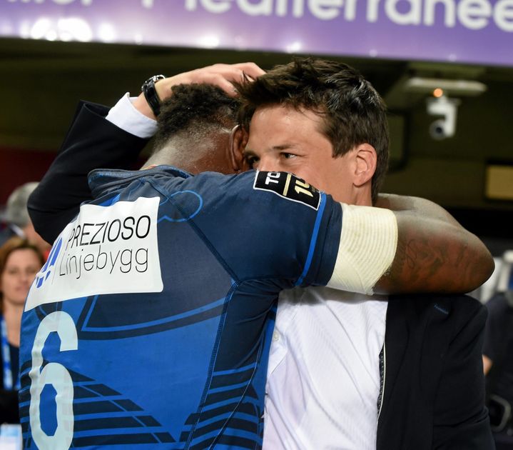 François Trinh-Duc and Fulgence Ouedrago during the opener's last match in Montpellier, May 29, 2016 (BRUNO CAMPELS / MAXPPP)