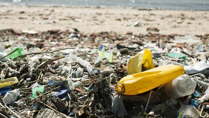 Des déchets plastiques sur une plage. Photo d'illustration. (FREDERIC CIROU / MAXPPP)