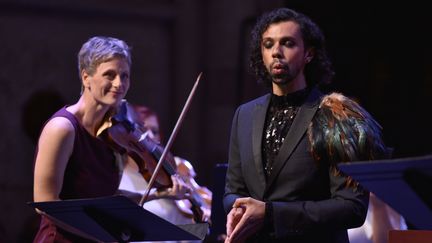 Violinist and conductor Martyna Pastuszka and Bruno de Sa at the Ambronay festival on September 13, 2024. (BERTRAND PICHENE)