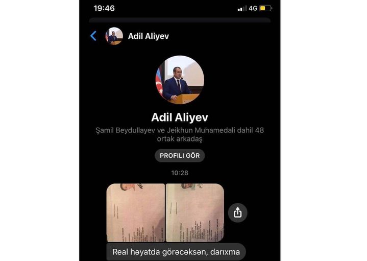 Capture d’écran du message envoyé par Adil Aliyev à Mahammad Mirzali en mai 2020. (MAHAMMAD MIZARLI)