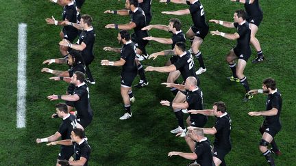 Les All Blacks en train de faire le haka, le 16 octobre 2011 &agrave; Auckland, en demi-finale de Coupe du monde contre l'Australie. (Ryan Pierse / Getty Images)