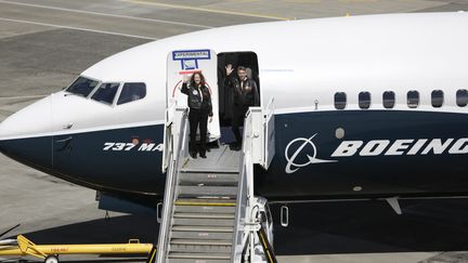 Le vol inaugural du B737 Max à l'aéroport de Renton (USA), le 13 avril 2017. (JASON REDMOND / AFP)