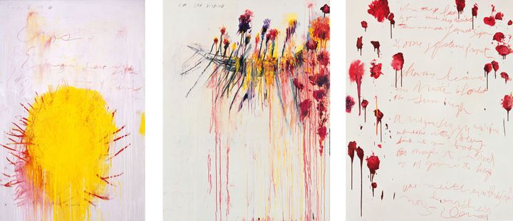 Cy Twombly, "Coronation of Sesostris", 2000, de gauche à droite : Part III, Part V et Part VI, Pinault Collection
 (à gauche © Cy Twombly Foundation - au milieu et à droite © Pinault Collection / Photo Robert Mc Keever)