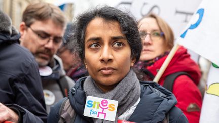 Sophie Vénétitay, secrétaire générale du SNES-FSU, le 6 mars 2024. (VALERIE DUBOIS / HANS LUCAS)