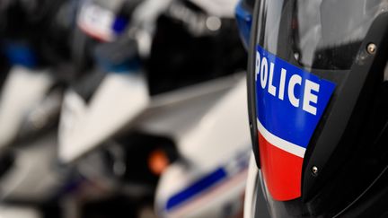 Le logo de la police à Marseille, le 12 avril 2019. (CHRISTOPHE SIMON / AFP)