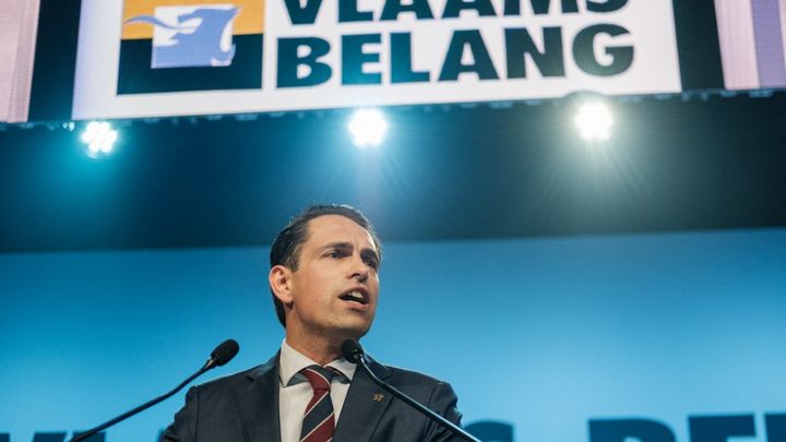 Tom Van Grieken, president of the independence and far-right Vlaams Belang party, at a meeting in Antwerp (Belgium), June 2, 2024. (HATIM KAGHAT / BELGA MAG / AFP)