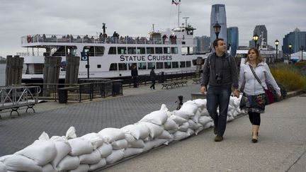 Situ&eacute;e en pleine zone &agrave; risque, au sud de Manhattan, la statue de la Libert&eacute;, g&eacute;r&eacute;e par le service des parcs nationaux, pourrait elle aussi souffrir de l'ouragan Sandy, dont l'arriv&eacute;e sur la c&ocirc;te est est pr&eacute;vue pour le 29 octobre 2012.&nbsp; (FRANCES M. ROBERTS / SIPA )