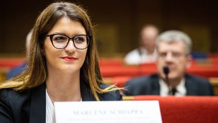 Marlène Schiappa, secrétaire d'Etat chargée de l'Economie sociale et solidaire et de la Vie associative, lors d'une audition au Sénat, le 14 juin 2023. (XOSE BOUZAS / HANS LUCAS / AFP)