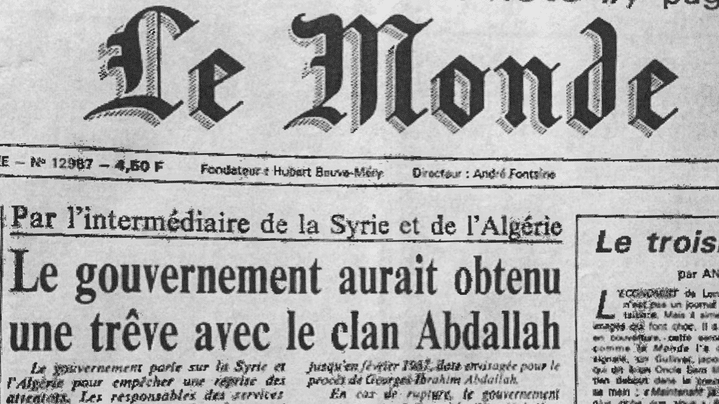 La Une du journal Le Monde du 30 octobre 1986, "Par l'intermédiaire de la Syrie et de l'Algérie, le gouvernement aurait obtenu une trêve avec le clan Abdallah". (Journal Le Monde – archives)