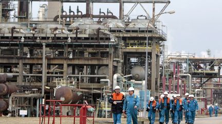 Des employ&eacute;s de la raffinerie Petroplus, &agrave; Petit-Couronne, pr&egrave;s de Rouen (Seine-Maritime), le 24 f&eacute;vrier 2012. (KENZO TRIBOUILLARD / AFP)