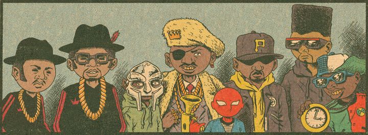 "Les costumes flashy" du rap, de Run D.M.C. à MF Doom, Slick Rick et Public Enemy.
 (Ed Piskor)