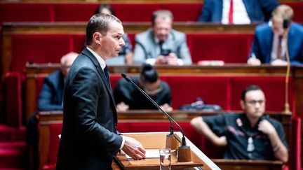 Olivier Dussopt, ministre du Travail, du Plein emploi et de l'Insertion, en séance à l'Assemblée nationale, le 3 août 2022 à Paris. (XOSE BOUZAS / HANS LUCAS / AFP)