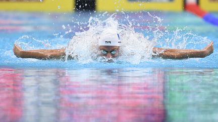 Léon Marchand en action dans la Duna Arena de Budapest lors des championnats du monde de natation, le 21 juin 2022. (KEMPINAIRE STEPHANE / AFP)