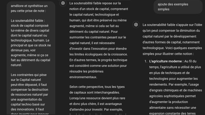 Un exemple d'échange avec ChatGPT pour synthétiser et étoffer des notes prises en cours. (TOM / CHATGPT / FRANCEINFO)