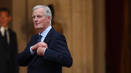 Le nouveau Premier ministre Michel Barnier à l'Hôtel de Matignon à Paris le 5 septembre 2024. (MOHAMMED BADRA / MAXPPP)