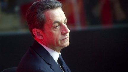 Nicolas Sarkozy dans les locaux de France Inter à Paris le 17 avril (LIONEL BONAVENTURE / AFP)