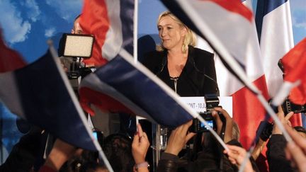 Marine Le Pen, la pr&eacute;sidente du Front national, &agrave; H&eacute;nin-Beaumont (Pas-de-Calais).&nbsp; (FRANCOIS LO PRESTI / AFP)