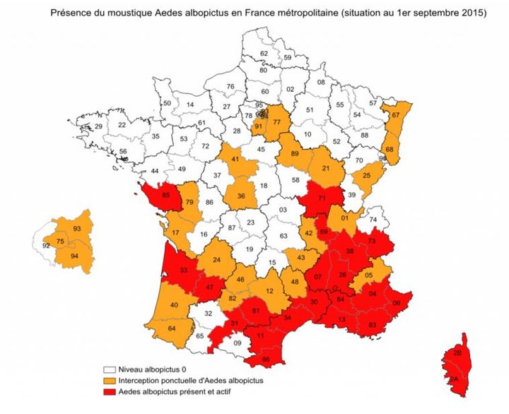 La carte du "moustique tigre" en France établie par le ministère de la Santé au 1er septembre 2015. (Ministère de la santé)