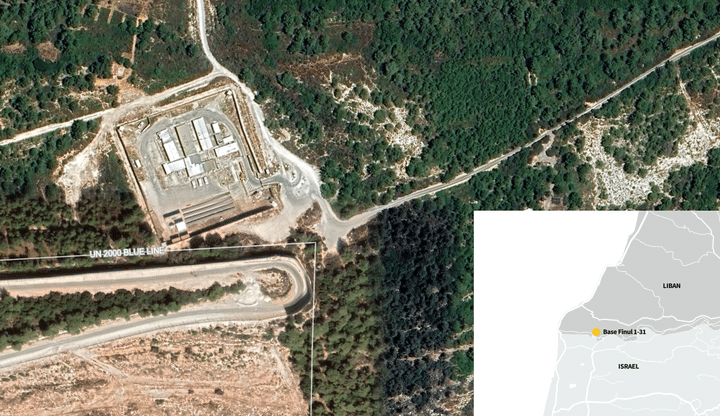 La base de la Finul de Labbouneh est située à proximité immédiate de la "ligne bleue" entre Israël et le Liban. (GOOGLE EARTH / FRANCEINFO)