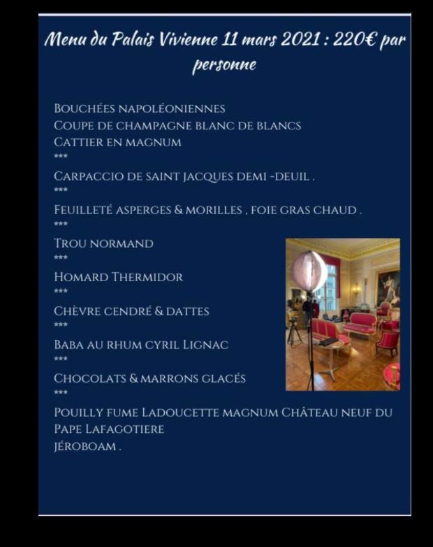 Capture écran d'un post de Christophe Leroy qui annonce le menu au Palais Vivienne pour le 11 mars.&nbsp; (CAPTURE ECRAN FACEBOOK)