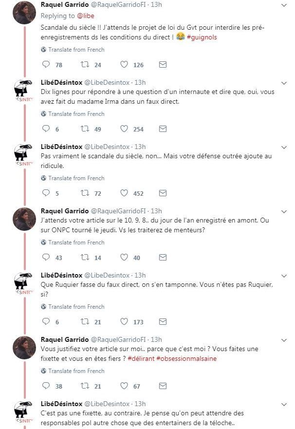 Capture d'écran de l'échange entre @LibeDesintox et @RaquelGarridoFI, sur Twitter, mardi 26 septembre 2017.&nbsp; (TWITTER)