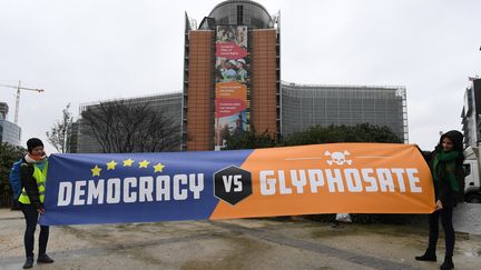 Des personnes manifestent contre l'autorisation du glyphosate&nbsp;devant le siège de la Commission européenne à Bruxelles, le 27 novembre 2017, avant le vote des Etats membres. (EMMANUEL DUNAND / AFP)