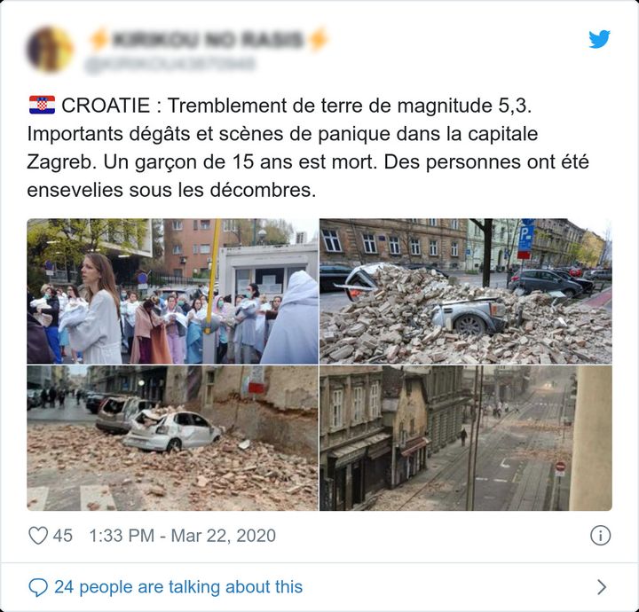 Des photos du séisme en Croatie partagées sur Twitter, dimanche 22 mars 2020. (CAPTURE ECRAN)