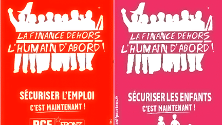 Un montage de l'association Stop Homophobie montre les similitudes entre une affiche du Front de gauche et une&nbsp;autre du collectif La Manif pour tous. (STOP HOMOPHOBIE / FRANCETV INFO)