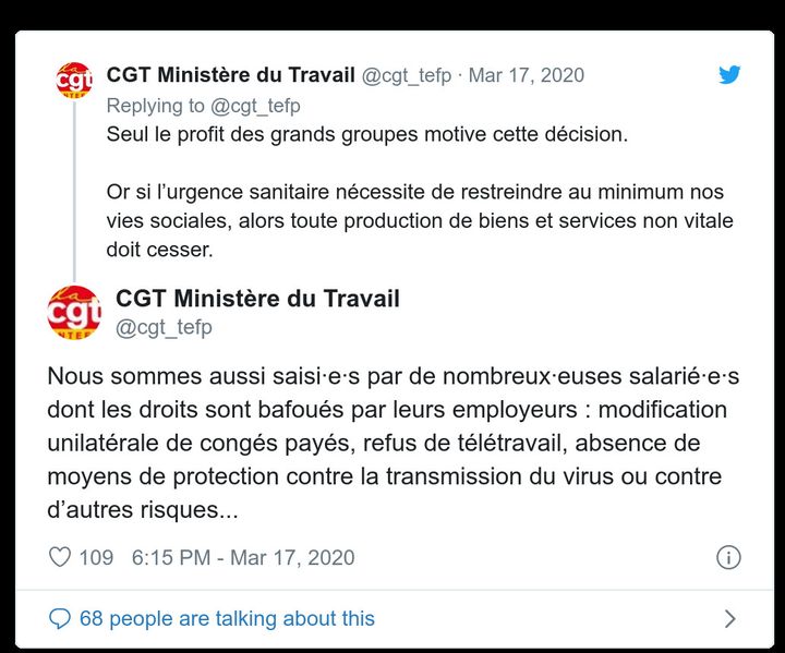 Un tweet de la CGT du ministère du Travail, le 17 mars 2020. (CAPTURE ECRAN)