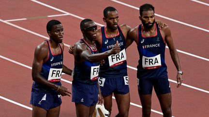 Le relais 4x400 m français aux Jeux olympiques de Tokyo, le 6 août 2021.&nbsp; (JAVIER SORIANO / AFP)