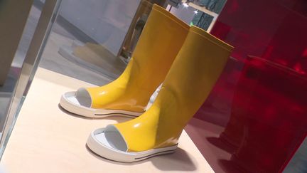 Les bottes de pluie inconfortables de l'artiste et architecte&nbsp;Katerina Kamprani exposées dans l'exposition "Flops : quand le design s'emmêle" à Saint-Etienne. (France 3 / Lucie Denechaud)