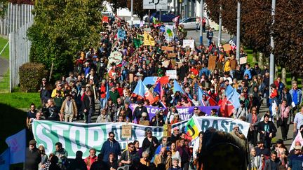 Demonstrators opposed to the installation of two industrial projects, in Guéret (Creuse), October 5, 2024. (PASCAL LACHENAUD / AFP)