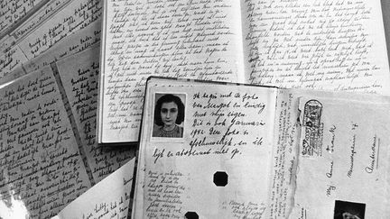 La photo du passeport d'Anne Frank pos&eacute;e sur des cahiers de son "Journal". (DESK / ANP / AFP)