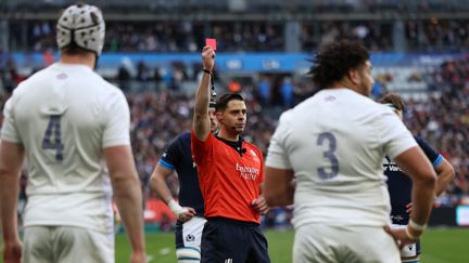 Mohamed Haouas a été expulsé lors du match contre l'Ecosse, le 26 février 2023 à Saint-Denis. (ANNE-CHRISTINE POUJOULAT / AFP)