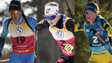 Quentin Fillon Maillet, Marte Olsbu Roeiseland (au centre) et Elvira Oeberg (à droite) devraient jouer les premiers rôles à Oslo-Holmenkollen pour la clôture de la Coupe du monde. (ROMAN KOSKAROV / AP /SIPA et TAAVI NAGEL / AFP)