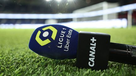 Un micro de Canal+ sur la pelouse du Parc des Princes avant le match entre le Paris Saint-Germain et Montpellier en Ligue 1, le 3 novembre 2023. (AFP)