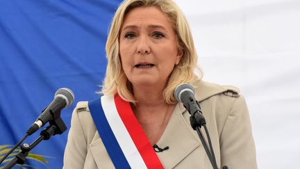 Marine Le Pen, présidente du Rassemblement national, prononce un discours lors d'une cérémonie marquant le 76e anniversaire de la fin de la Seconde Guerre mondiale, le 8 mai 2021, à Henin-Beaumont (Pas-de-Calais). (FRANCOIS LO PRESTI / AFP)