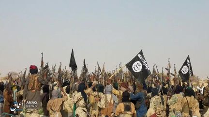 Photo diffusée par Aamaq, l'agence de presse du groupe Etat islamique, montrant un groupe de jihadistes célébrant l'embuscade contre une patrouille de l'armée nigérienne près de Tongo Tongo le 16 mai 2019.&nbsp;L'attaque avait fait&nbsp;28 morts dans les rangs des soldats. (HO / AAMAQ NEWS AGENCY)