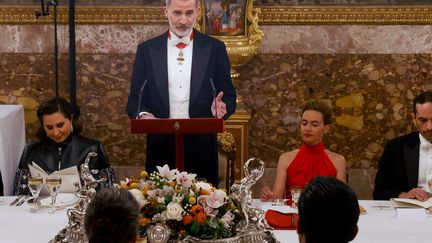 Felipe VI, le roi d'Espagne, délivre un discours lors du dîner officiel organisé pour la visite de l'émir du Qatar, le 17 mai 2022, à Madrid. (JUANJO MARTIN / POOL)