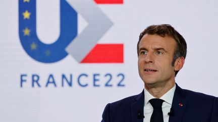 Emmanuel Macron lors de son discours sur la présidence française de l'UE, à l'Elysée, le 9 décembre 2021. (LUDOVIC MARIN / AFP)