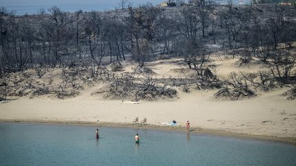 Des baigneurs se trouvent au bord d'une plage où des incendies ont détruit une forêt sur l'île de Rhodes, le 27 juillet 2023. La Grèce connaît alors le feu "le plus grand jamais enregistré dans l'Union européenne", selon un porte-parole de la Commission. L'Italie et le Portugal subissent aussi des incendies ravageurs. (ANGELOS TZORTZINIS / AFP)