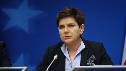 La Première ministre polonaise,&nbsp;Beata Szydlo, parle lors d'une conférence de presse après un sommet des leaders européens, le 10 mars 2017 à Bruxelles (Belgique). (DURSUN AYDEMIR / ANADOLU AGENCY / AFP)