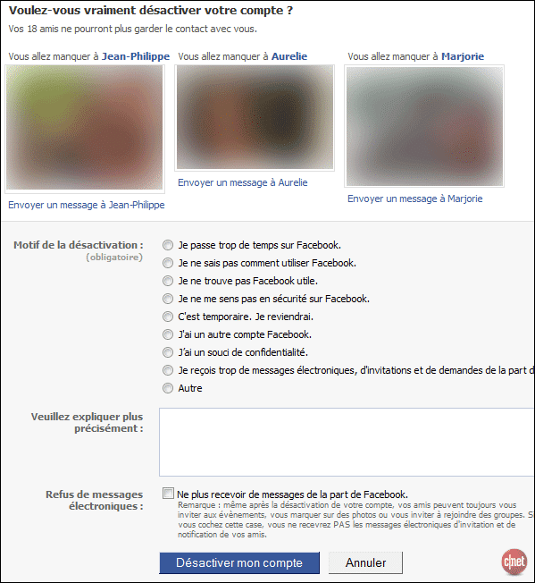 Derni&egrave;re &eacute;tape avant la d&eacute;sactivation d'un compte : Facebook joue avec vos sentiments. (Capture d'&eacute;cran Cnetfrance.fr)